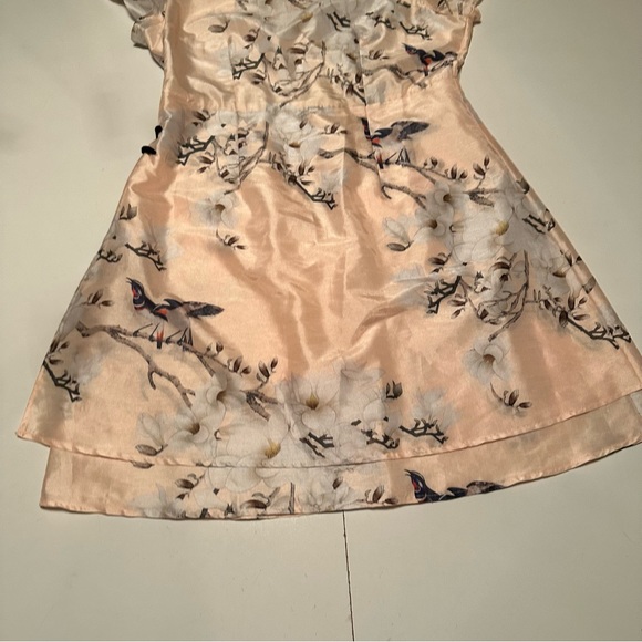 Dan Munier Cream Asian Inspired Floral Bird Cap Sleeves 2 Tired Bottom Dress - Picture 9 of 16